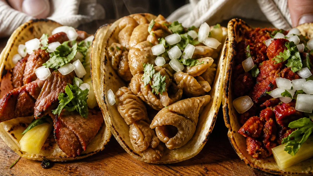 Tacos al pastor, tripa y chorizo cocinados con leña