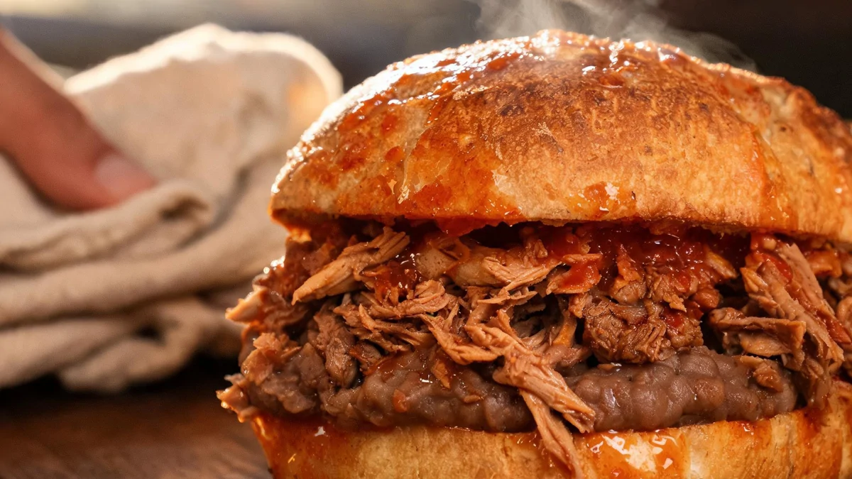 Torta ahogada clásica con birote grande, carnita, frijoles y salsas caseras