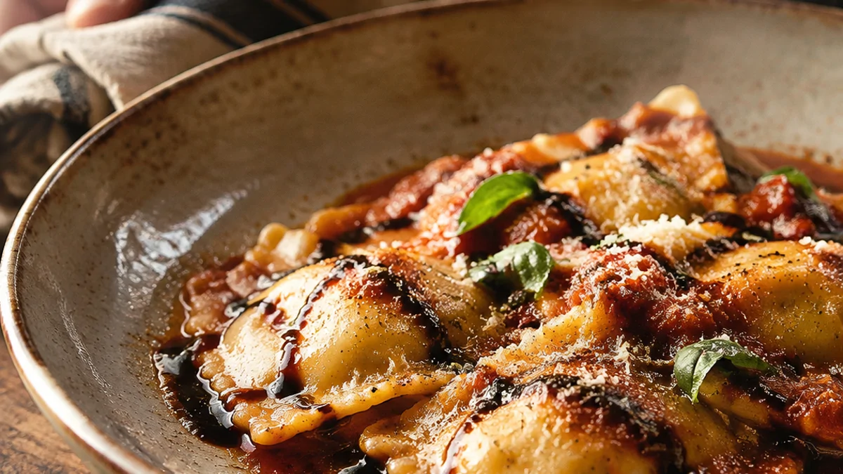 Raviolis en salsa pomodo con reducción de vino tinto